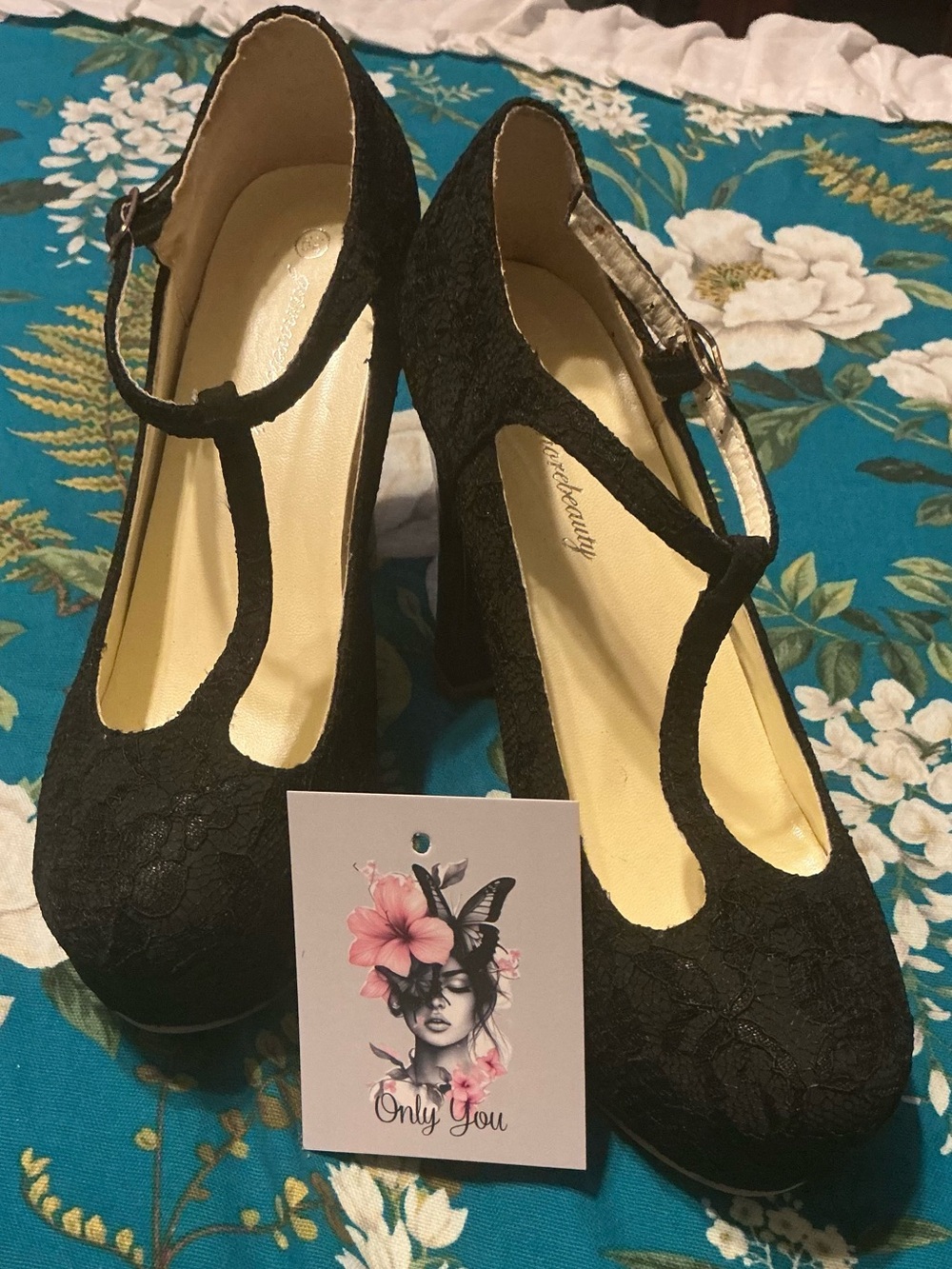Black Lace T-Strap Block Heels by Only You